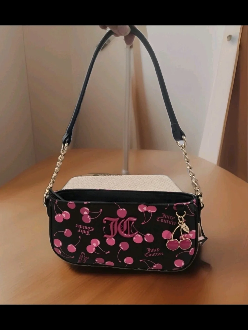Juicy Couture Black & Pink Cherry Print Wristlet Bag NWT
